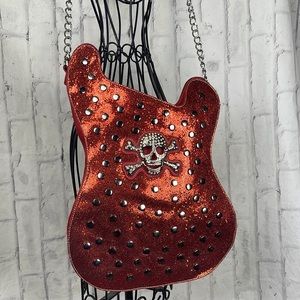 Guitar Shaped Crossbody Purse Lined Skull and Crossbones Studded Glitter Rocker
